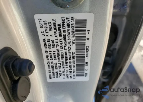 2012 Honda Civic Lx z USA, uszkodzony, nr VIN 19XFB2F52CE355797